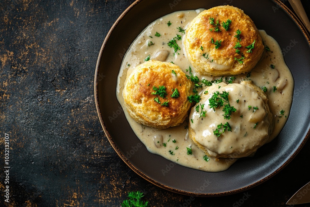 A plate of three biscuits smothered in savory gravy, perfect for breakfast or brunch A plate of three biscuits smothered in savory gravy, perfect for breakfast or brunch