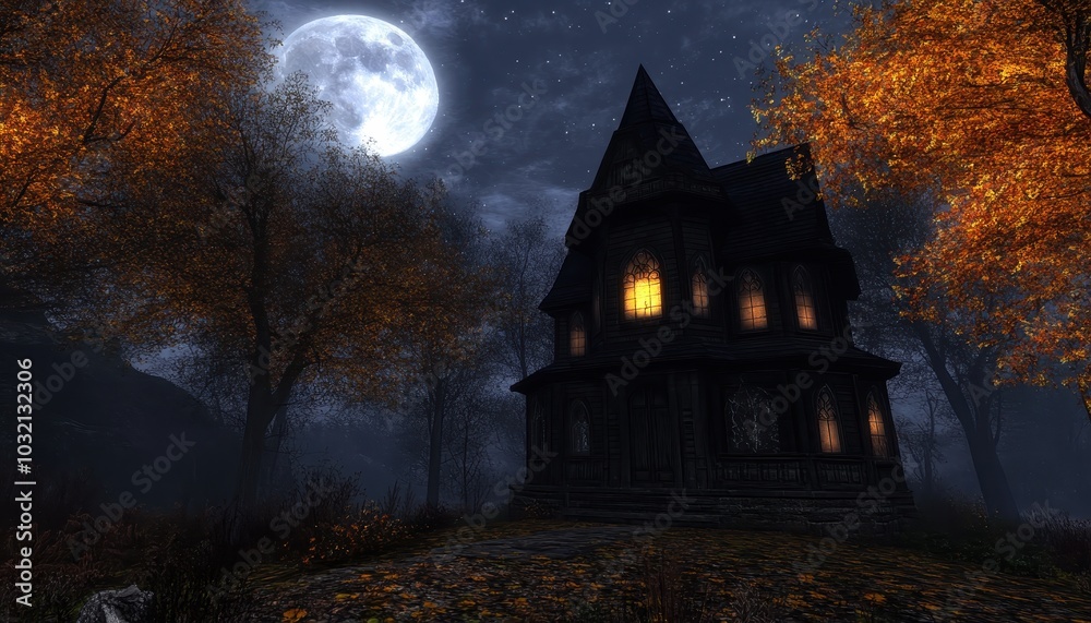 A haunted house illuminated by moonlight in a foggy forest at night A haunted house illuminated by moonlight in a foggy forest at night