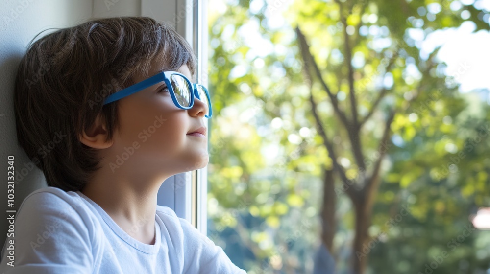 Young child wearing blue glasses focusing on distant tree outside window, symbolizing myopia prevention and importance of outdoor activities.