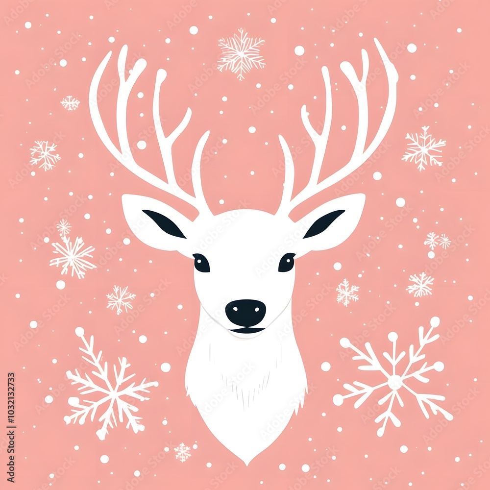 Cute White Reindeer with Antlers on Pink Snow Background Cute White Reindeer with Antlers on Pink Snow Background