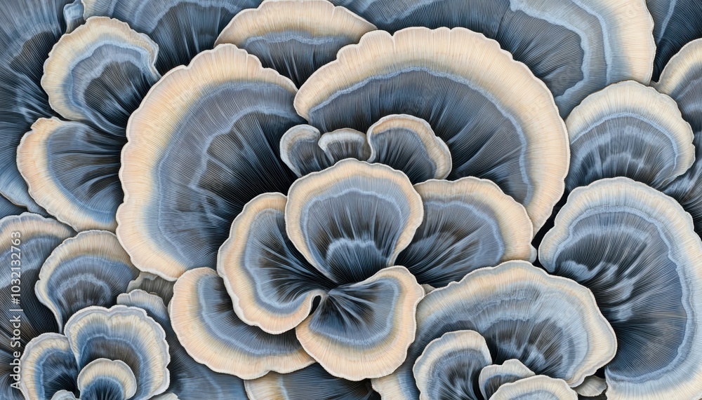 Close-up of beautifully textured mushrooms against a blue background Close-up of beautifully textured mushrooms against a blue background