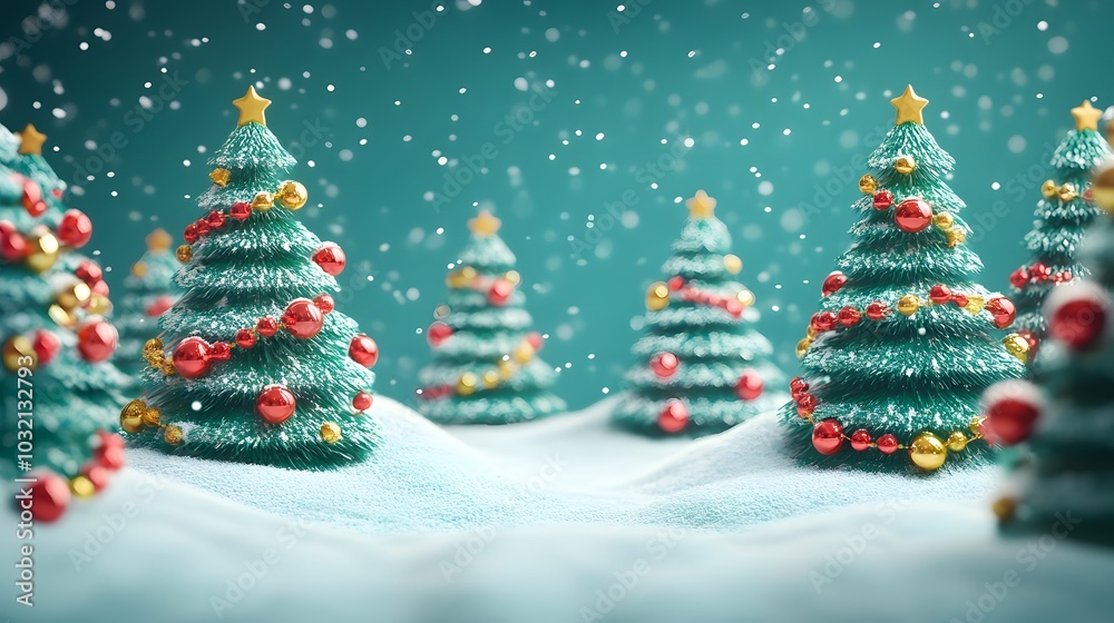 Festive Christmas Trees with Snowfall and Decorations Festive Christmas Trees with Snowfall and Decorations