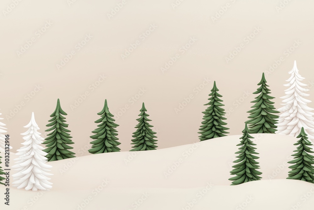 Fototapeta premium A serene winter landscape featuring green and white trees on a soft, snowy surface with a neutral background., Seamless pattern background