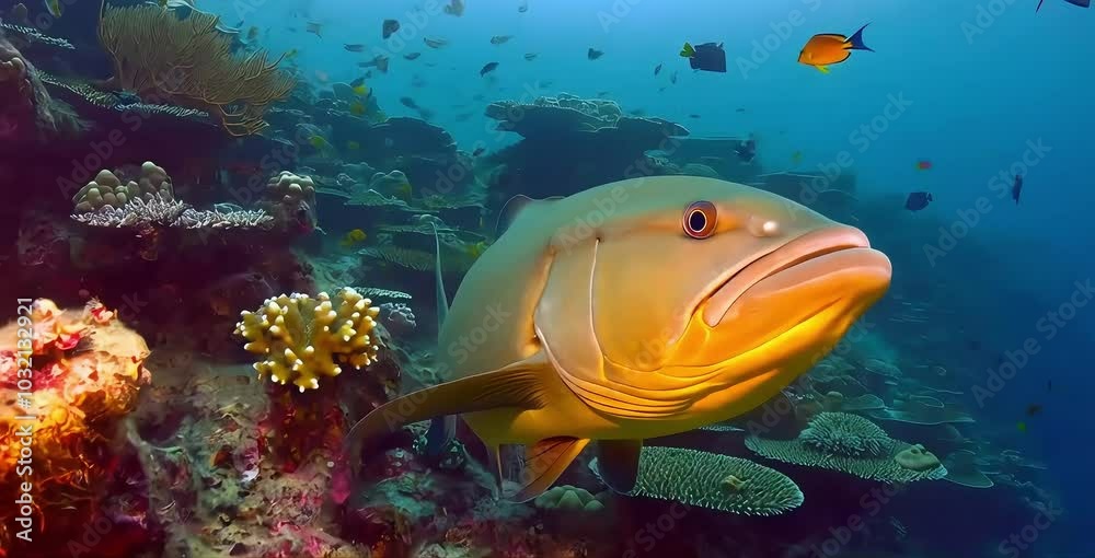 A large, golden grouper fish swims over a vibrant coral reef. The grouper's eye and mouth are prominent, and various smaller fish swim in the background