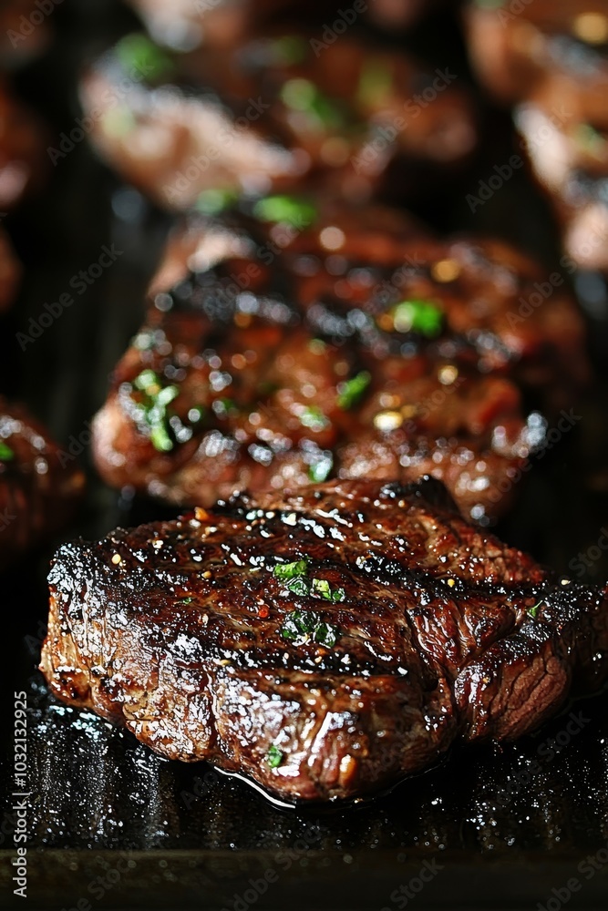 Grilled Steak. Close Up Of Juicy, Marbled Beef Steaks With Herbs And Spices Flavors. Grilled Steak. Close Up Of Juicy, Marbled Beef Steaks With Herbs And Spices Flavors.