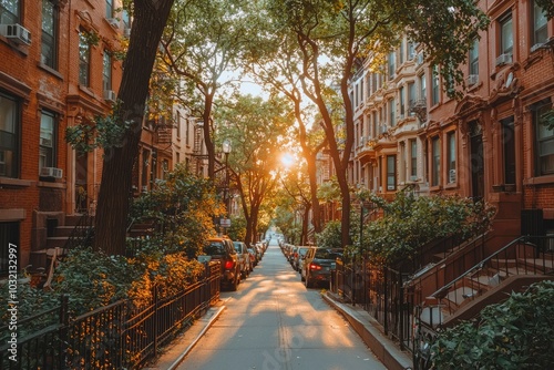 Sun-drenched City Street with Row of Brownstone Buildings