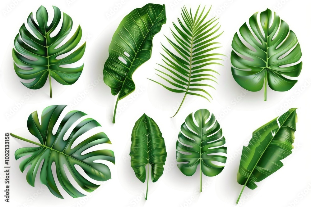 Fototapeta premium Set of tropical leaves on white background. Banner design