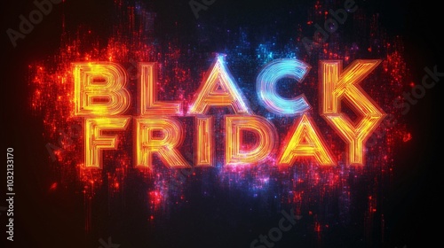 Illustration text Black Friday, fire glowing neon yellow. Black Friday sale banner. Modern neon yellow billboard on black background. Concept of advertising for seasonal offer with glowing neon text.