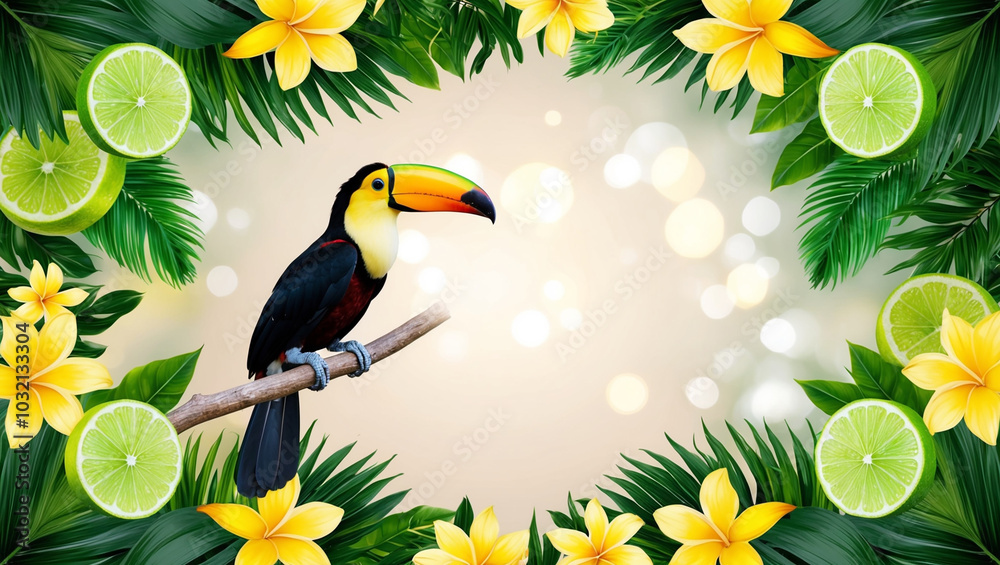 Naklejka premium A colorful summer background showcasing a beach sunset with a toucan, tropical leaves, and vibrant flowers in the foreground, set against a tranquil ocean and distant mountains.