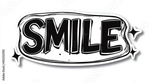 Bold Black and White Comic-Style 'Smile' Sticker with Sparkles