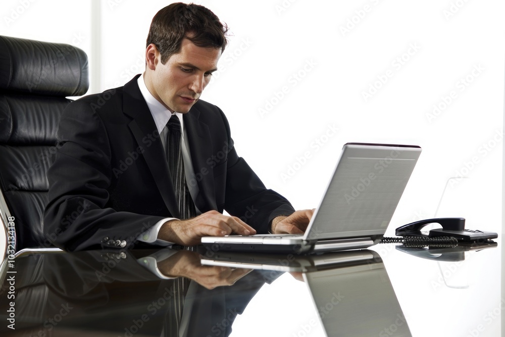 Man in suit typing on laptop in office setting, suitable for business or corporate use Man in suit typing on laptop in office setting, suitable for business or corporate use
