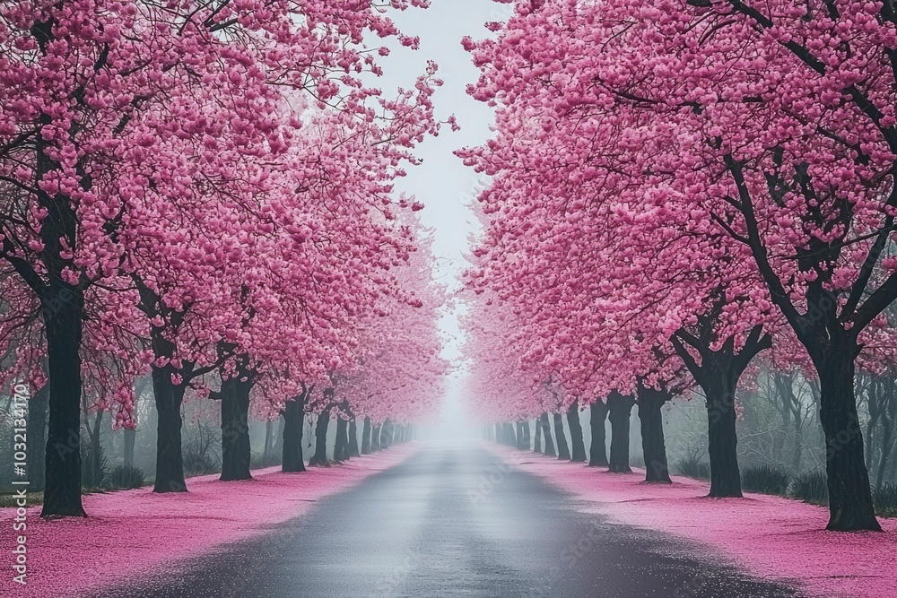 A misty road lined with blooming pink trees A misty road lined with blooming pink trees