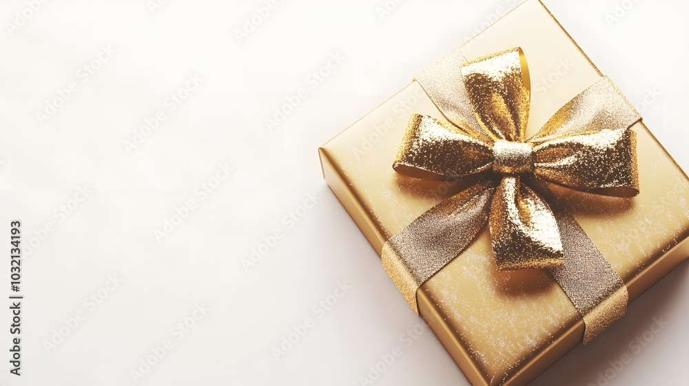 A luxurious gold gift box adorned with a shiny golden ribbon and bow, featuring a minimalist design against a white background, perfect for elegant gifting. A luxurious gold gift box adorned with a shiny golden ribbon and bow, featuring a minimalist design against a white background, perfect for elegant gifting.