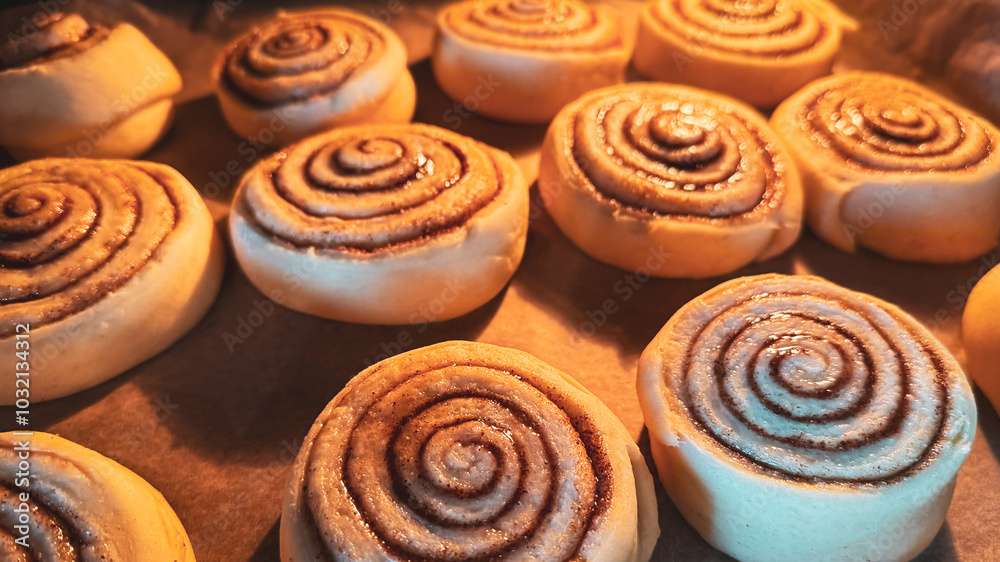 Fototapeta premium Delicious cinnamon rolls in the oven on baking paper, side view. Background of freshly baked cinnamon rolls. Close-up of homemade sweet pastry made from yeast dough