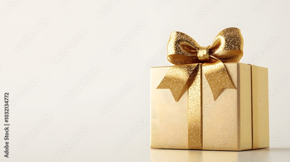 A luxurious gold gift box adorned with a shiny golden ribbon and bow, featuring a minimalist design against a white background, perfect for elegant gifting. A luxurious gold gift box adorned with a shiny golden ribbon and bow, featuring a minimalist design against a white background, perfect for elegant gifting.