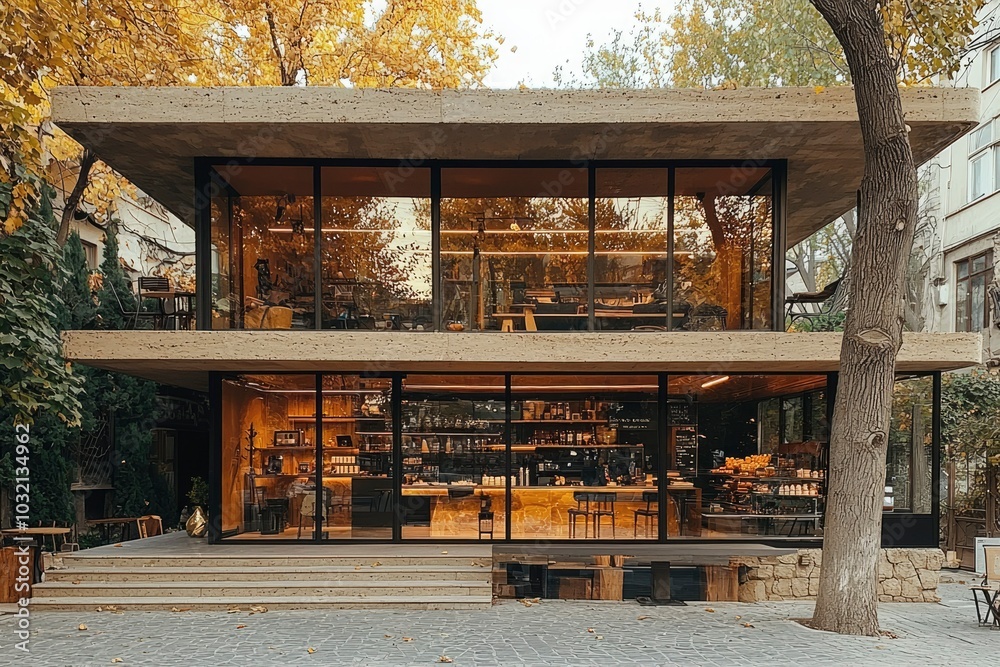 Modern Concrete Building with Large Glass Windows and Patio Seating