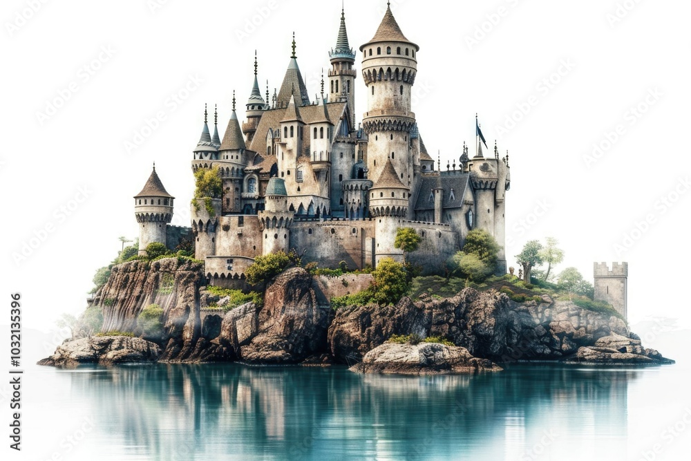 A medieval castle situated on the side of a mountain overlooking a serene lake or sea A medieval castle situated on the side of a mountain overlooking a serene lake or sea
