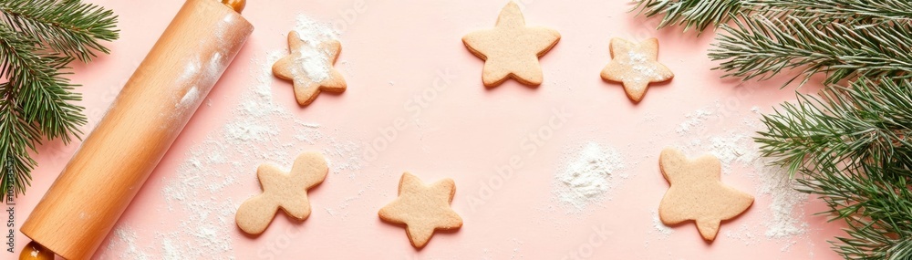 A festive baking scene featuring rolled dough, star-shaped cookies, flour, and pine branches on a pink backdrop, capturing the holiday spirit. A festive baking scene featuring rolled dough, star-shaped cookies, flour, and pine branches on a pink backdrop, capturing the holiday spirit.