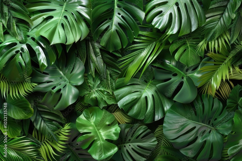 Tropical jungle leaves on wall with dark green background Tropical jungle leaves on wall with dark green background