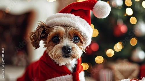 Cute dog in santa costume by christmas tree, festive holiday setting. Christmas pet photography concept.