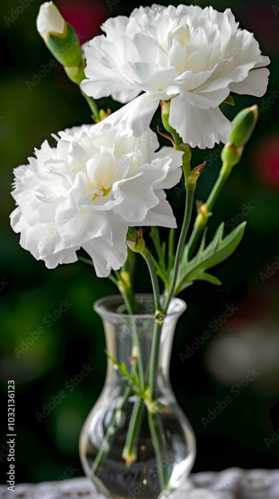 Fototapeta premium A delicate arrangement of white carnations in a glass vase against a blurred green backdrop.