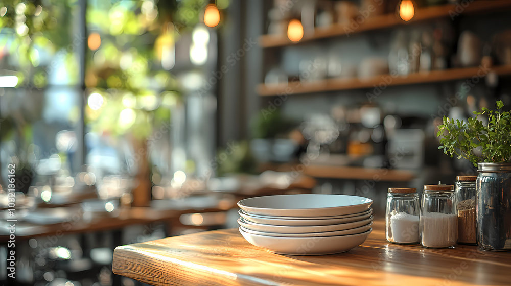 Clean dishes on the bar counter close-up. Restaurant bar with copy space and ready for work.