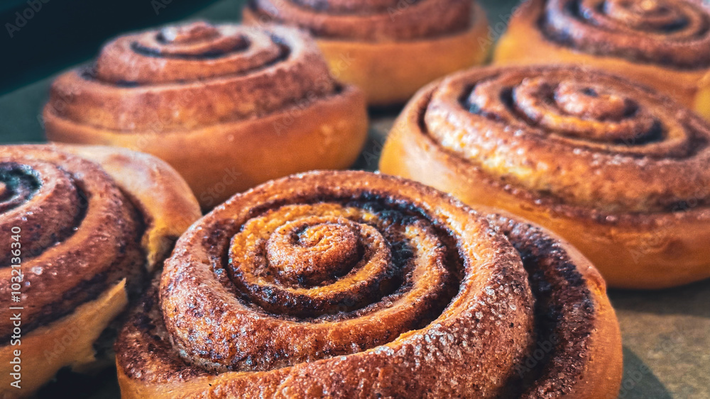 Fototapeta premium Delicious cinnamon rolls on baking paper, side view. Background of freshly baked cinnamon rolls. Close-up of homemade sweet pastries made from yeast dough