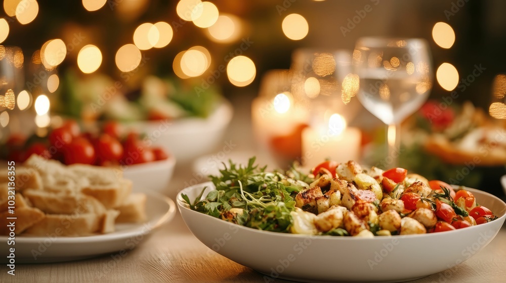 A cozy and festive dinner scene at night with a table set with shared plates of delicious food string lights and candles creating a warm and inviting atmosphere A cozy and festive dinner scene at night with a table set with shared plates of delicious food string lights and candles creating a warm and inviting atmosphere