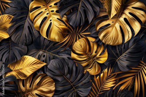 Tropical leaves gold and black  can be used as backgroundMonstera palm coconutfernclipping path photo