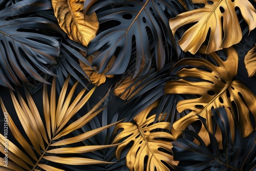 Tropical leaves gold and black  can be used as backgroundMonstera palm coconutfernclipping path photo