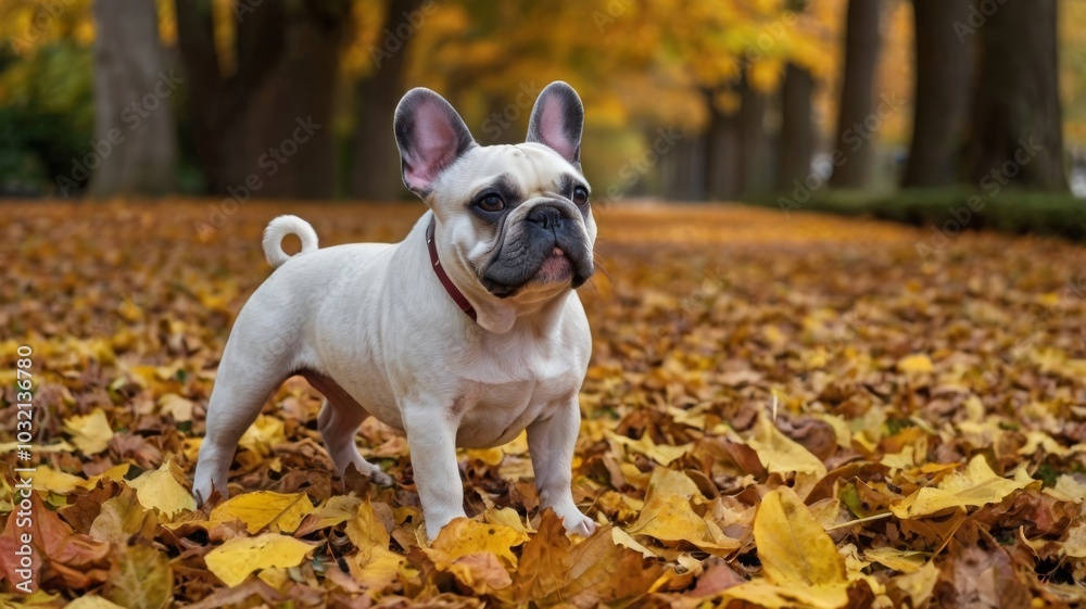 Naklejka premium French bulldog among scattered autumn leaves. view. Artificial intelligence generation
