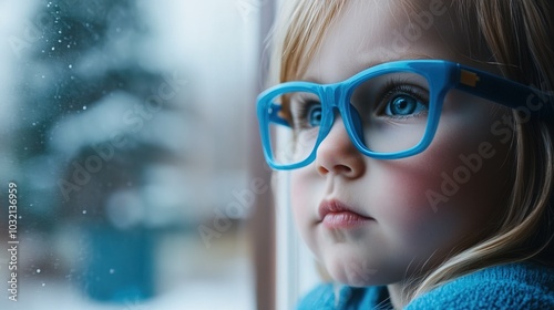 Young child wearing blue glasses focusing on distant tree outside window, symbolizing myopia prevention and importance of outdoor activities.