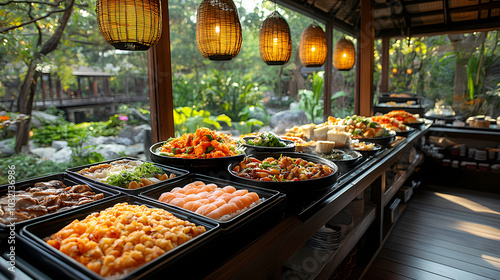 Buffet line of luxury resort in the morning with Japanese foods