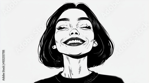 Monochrome Smiling Woman Illustration with Short Hair and Closed Eyes