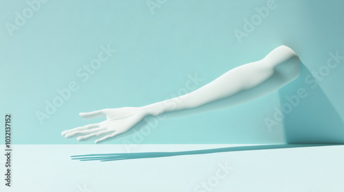 Sculpted hand in white plaster casting with minimalist design, background photo