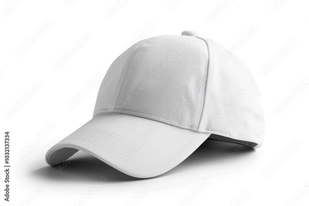 A single white baseball cap placed on a clean white background, ideal for use in fashion, lifestyle, or minimalist design projects A single white baseball cap placed on a clean white background, ideal for use in fashion, lifestyle, or minimalist design projects