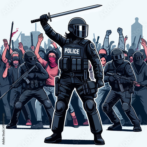 A police officer stands in front of a crowd of protesters