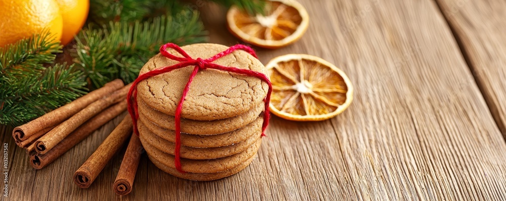 A stack of spiced cookies tied with red ribbon, surrounded by cinnamon sticks, dried orange slices, and fresh greenery on a rustic wooden surface. A stack of spiced cookies tied with red ribbon, surrounded by cinnamon sticks, dried orange slices, and fresh greenery on a rustic wooden surface.