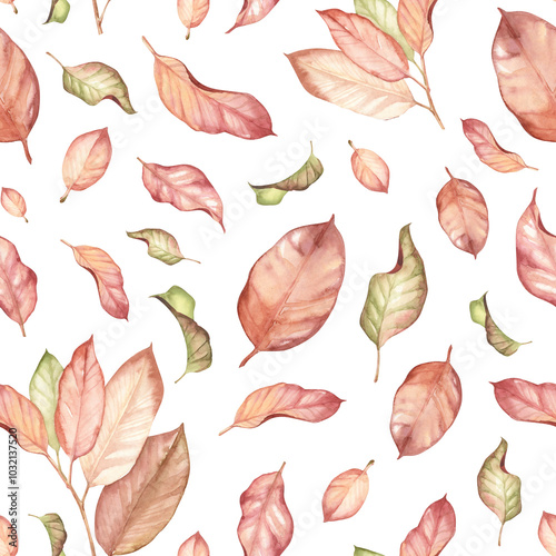 Square seamless pattern with watercolor botany leaves. Autumn tileable pattern for textile design, wrapping paper, wallpapers, fabric, backgrounds