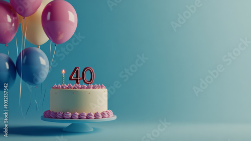Birthday cake with candles for 40 years, balloons in pastel background