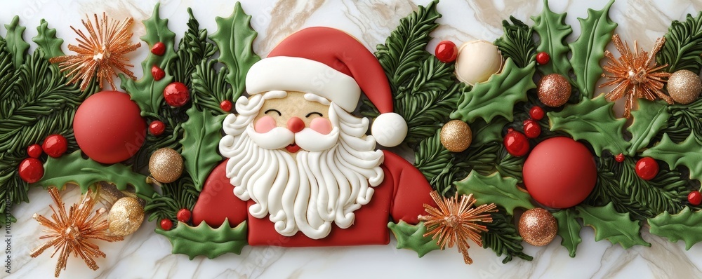 A festive depiction of Santa Claus surrounded by Christmas decorations, including holly leaves, ornaments, and golden accents. A festive depiction of Santa Claus surrounded by Christmas decorations, including holly leaves, ornaments, and golden accents.