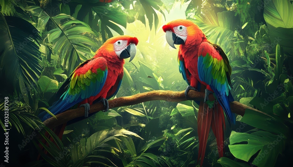 Vibrant parrots perched in a lush tropical rainforest during daylight hours Vibrant parrots perched in a lush tropical rainforest during daylight hours