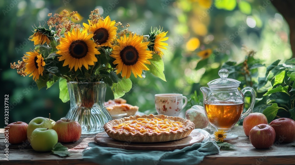 Sunflowers, Tea, and Peach Pie on a Rustic Table Sunflowers, Tea, and Peach Pie on a Rustic Table