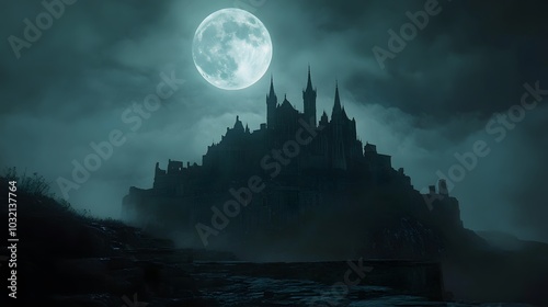 A majestic castle perched on a hilltop, illuminated by a bright full moon against a clear night sky, showcasing gothic architecture and an ethereal atmosphere.