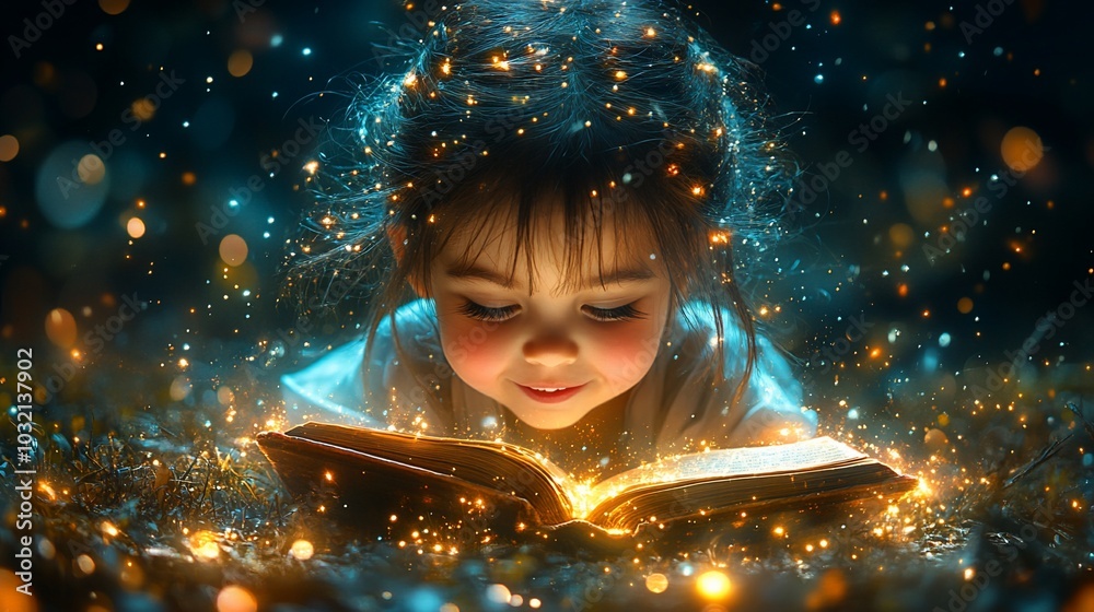 A child gazes at a glowing book, surrounded by magical sparkles and light. A child gazes at a glowing book, surrounded by magical sparkles and light.