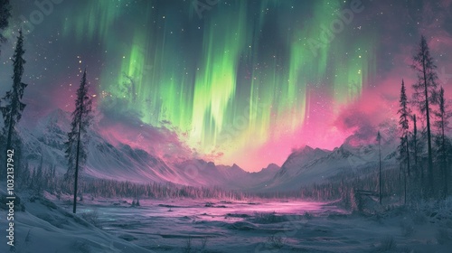 A surreal scene of vibrant green and pink auroras over a snowy landscape, capturing the enchanting and unusual beauty of nature