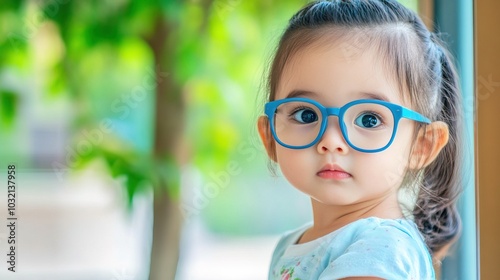 Young child wearing blue glasses focusing on distant tree outside window, symbolizing myopia prevention and importance of outdoor activities.