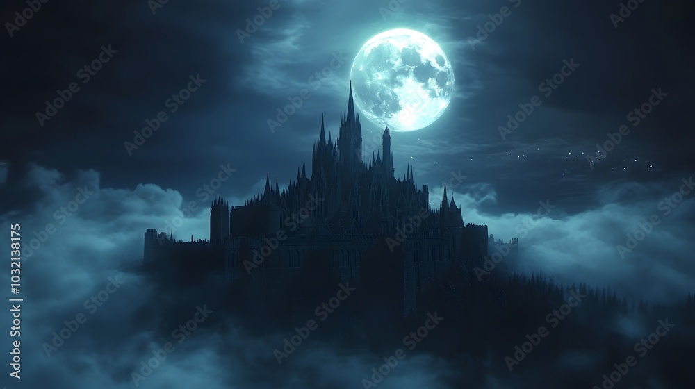 A majestic castle perched on a hilltop, illuminated by a bright full moon against a clear night sky, showcasing gothic architecture and an ethereal atmosphere. A majestic castle perched on a hilltop, illuminated by a bright full moon against a clear night sky, showcasing gothic architecture and an ethereal atmosphere.