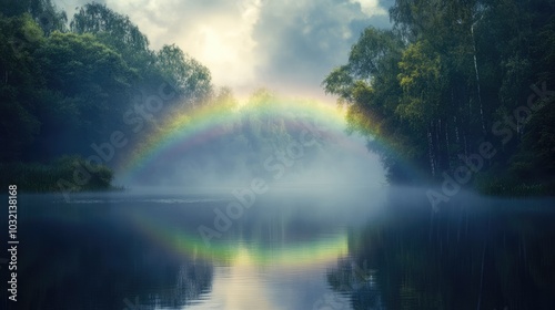 Mesmerizing view of a rare fogbow over a tranquil lake, capturing a strange and beautiful natural wonder in a serene setting photo