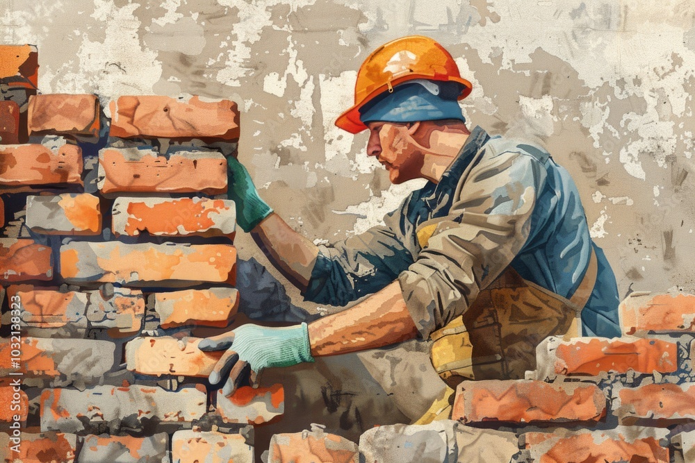A construction worker builds a brick wall with hammer and trowel A construction worker builds a brick wall with hammer and trowel